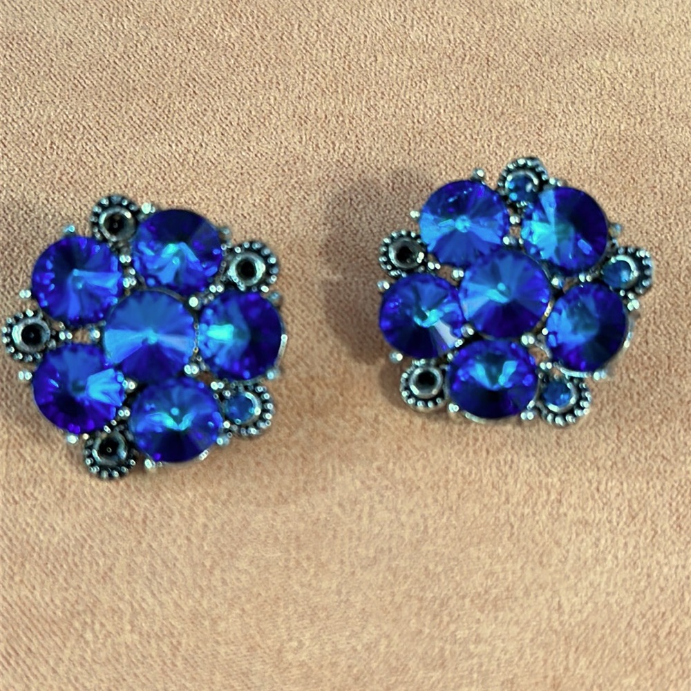 Gorgeous Designer Blue Rivoli Rhinestone Vintage Earrings